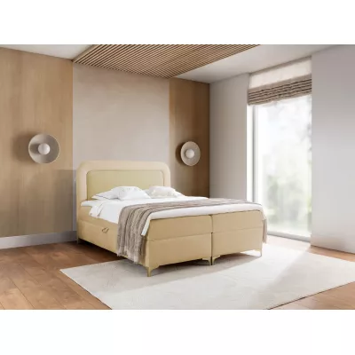 Vyvýšená kontinentální čalouněná postel 180x200 EVELINA - žlutá / písková + topper ZDARMA