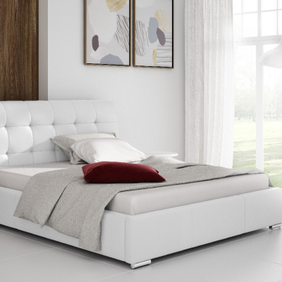 Moderní manželská postel Evelyn s úložným prostorem bílá eko kůže 180 x 200