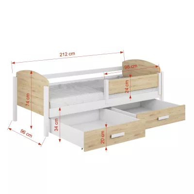 Dětská postel s úložným prostorem 90x200 SAMIRIA - bílá / dub shetland, levé provedení