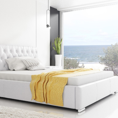 Designová postel Adelaide s vysokým čelem a úložným prostorem bílá eko kůže 180 x 200