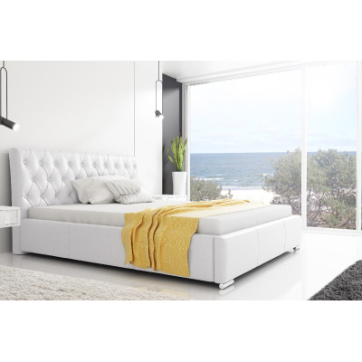 Designová postel Adelaide s vysokým čelem a úložným prostorem bílá eko kůže 180 x 200