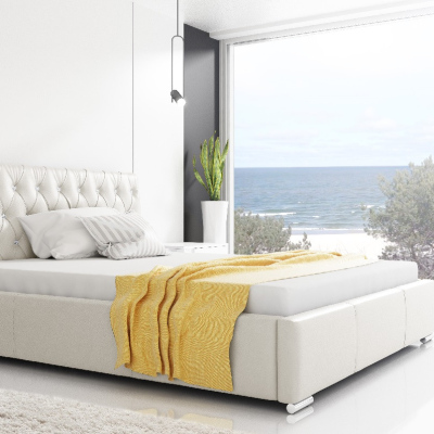 Designová postel Adelaide s vysokým čelem a úložným prostorem béžová eko kůže 180 x 200