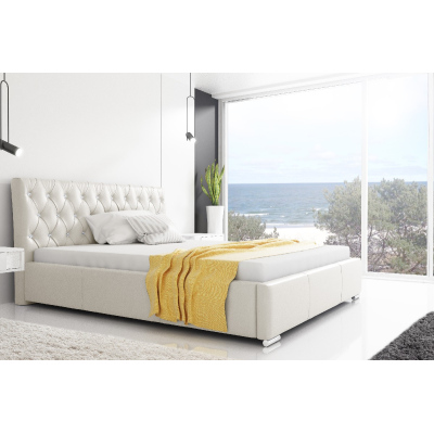 Designová postel Adelaide s vysokým čelem a úložným prostorem béžová eko kůže 180 x 200
