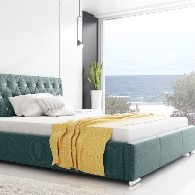 Designová postel Adelaide s vysokým čelem a úložným prostorem modrá 180 x 200