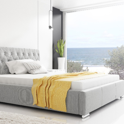 Designová postel Adelaide s vysokým čelem a úložným prostorem světle šedá 200 x 200