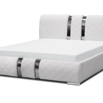 Luxusní čalouněná postel LUKA s vysokým čelem a úložným prostorem bílá eko kůže 180x200