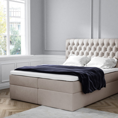 Elegantní čalouněná postel Mandy s úložným prostorem světle béžová 160 x 200 + topper zdarma