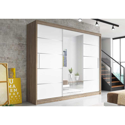 Moderní šatní skříň Alivia 250 cm, dub sonoma, bílé se zrcadlem