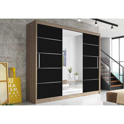 Moderní šatní skříň Alivia 250 cm, dub sonoma, černé se zrcadlem