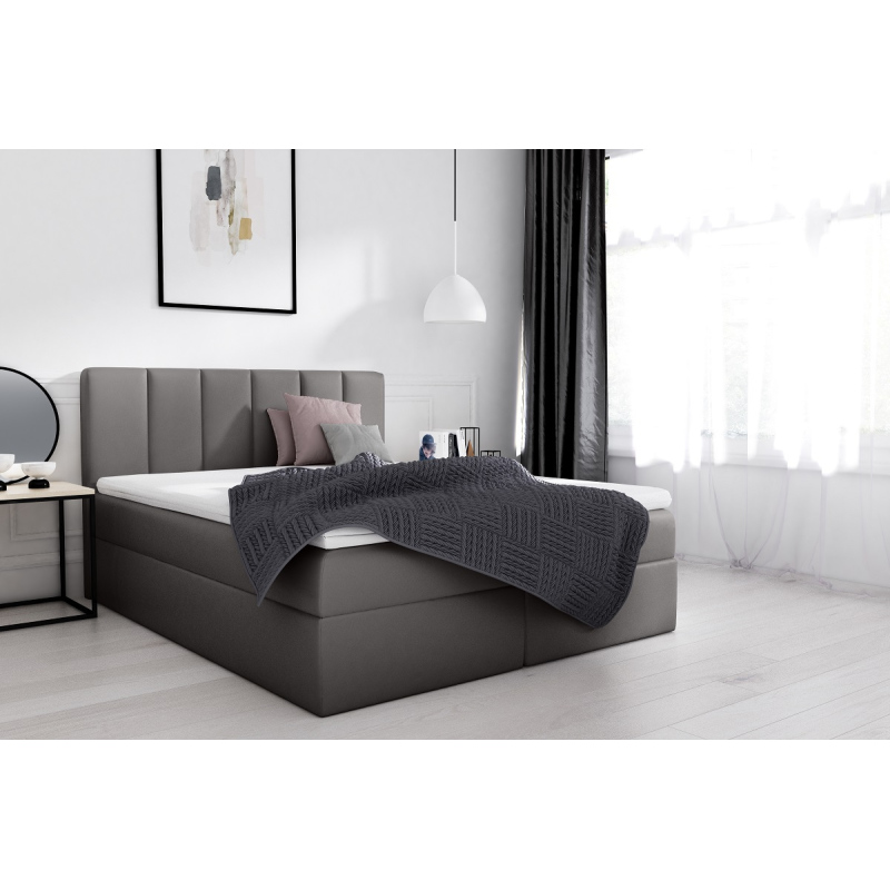 Extravagantní čalouněná postel Sven s úložným prostorem šedá eko kůže 140 x 200 + topper