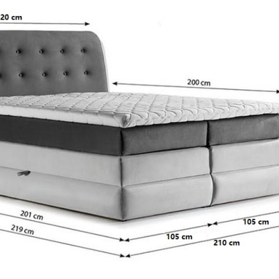 Mohutná kontinentální postel Vika 200x200, grafit + stříbrná + TOPPER