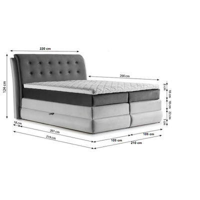 Mohutná kontinentální postel Vika 200x200, grafit + stříbrná + TOPPER