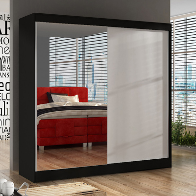Jednoduchá šatní skříň 200 BULAN I, černá s bílými dveřmi a zrcadlem
