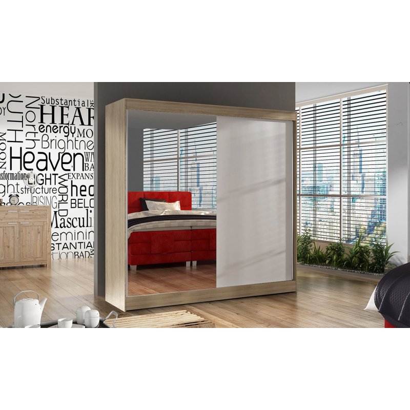 Jednoduchá šatní skříň 200 BULAN I, dub Sonoma s bílými dveřmi a zrcadlem