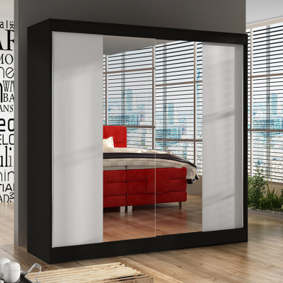 Prostorná šatní skříň 200 BULAN II, černá, dveře bílé se zrcadlem