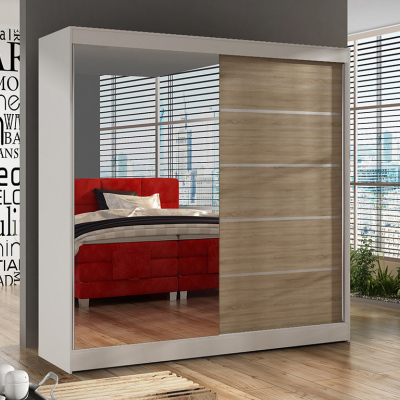 Elegantní šatní skříň 200 BULAN III, bílá, dveře dub Sonoma se zrcadlem