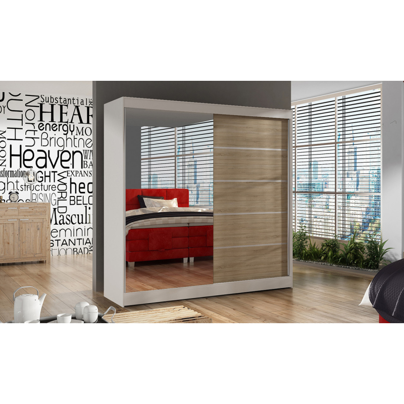 Elegantní šatní skříň 200 BULAN III, bílá, dveře dub Sonoma se zrcadlem