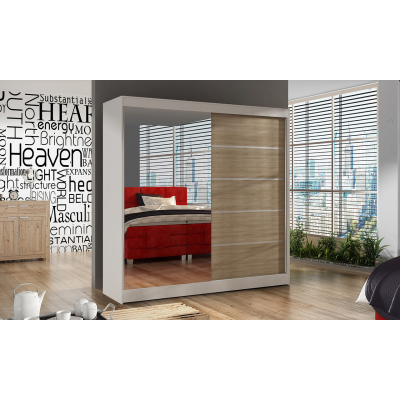 Elegantní šatní skříň 200 BULAN III, bílá, dveře dub Sonoma se zrcadlem