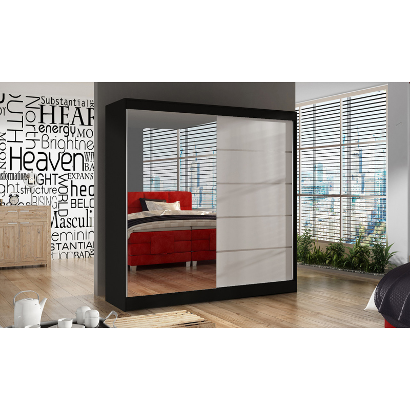 Elegantní šatní skříň 200 BULAN III, černá, dveře bílé se zrcadlem