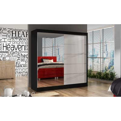 Elegantní šatní skříň 200 BULAN III, černá, dveře bílé se zrcadlem