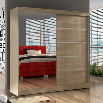 Elegantní šatní skříň 200 BULAN III, dub Sonoma se zrcadlem