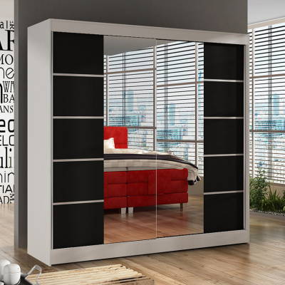 Praktická šatní skříň do ložnice 200 BULAN V, bílá s černými dveřmi a zrcadlem