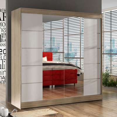 Praktická šatní skříň do ložnice 200 BULAN V, dub Sonoma s bílými dveřmi a zrcadlem