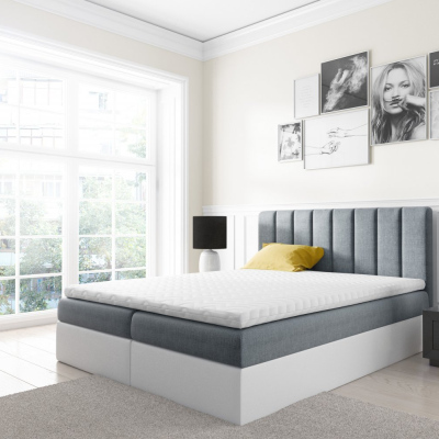 Dvoubarevná manželská postel Azur 160x200, šedomodrá + bílá eko kůže + TOPPER