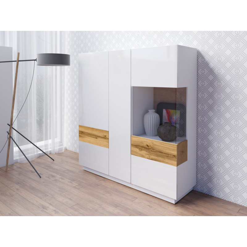 Vysoká třídveřová komoda SHADI, bílá + dub wotan