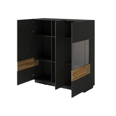 Vysoká třídveřová komoda SHADI, bílá + dub wotan