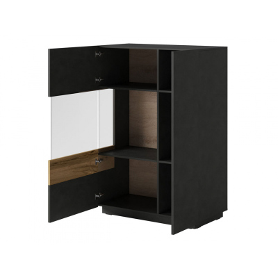 Vysoká komoda s prosklenou částí SHADI levá, bílá + beton