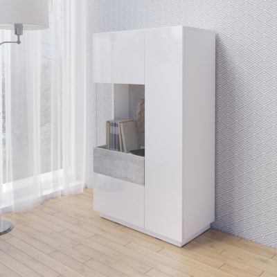 Vysoká komoda s prosklenou částí SHADI levá, bílá + beton