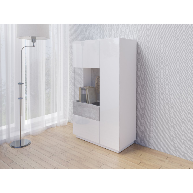 Vysoká komoda s prosklenou částí SHADI levá, bílá + beton