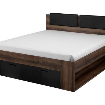 Prostorná postel SÁRA s polstrovaným čelem a zásuvkou, dub Monastery