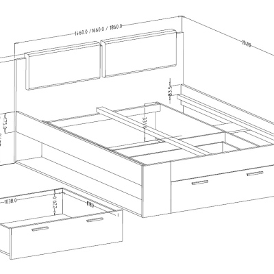 Prostorná postel SÁRA s polstrovaným čelem a zásuvkou, dub Monastery