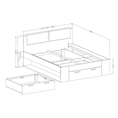 Prostorná postel SÁRA s polstrovaným čelem a zásuvkou, dub Monastery