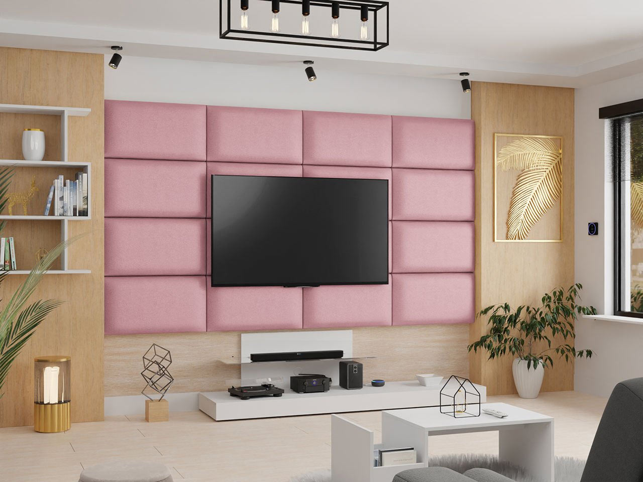 Čalouněné panely odhluční stěnu za televizí.