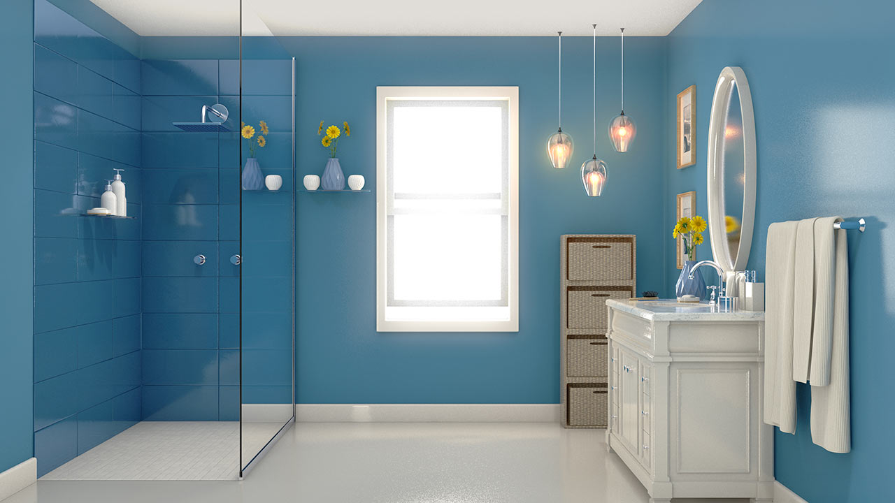 Malá modrá koupelna s walk-in sprchovým koutem v rohu