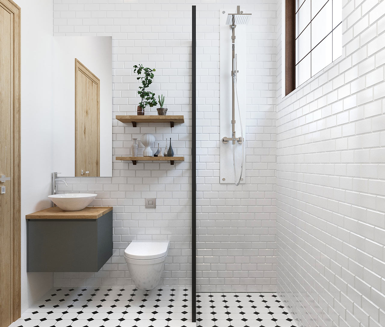 Minimalistická bílá koupelna s walk-in sprchovým koutem děleným od toalety tenkou skleněnou zástěnou