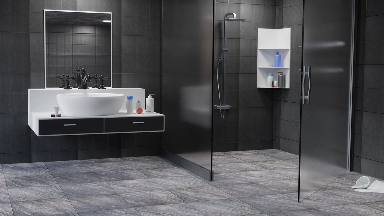 Moderní sprchový kout s neprůhlednou skleněnou zástěnou v šedivé koupelně