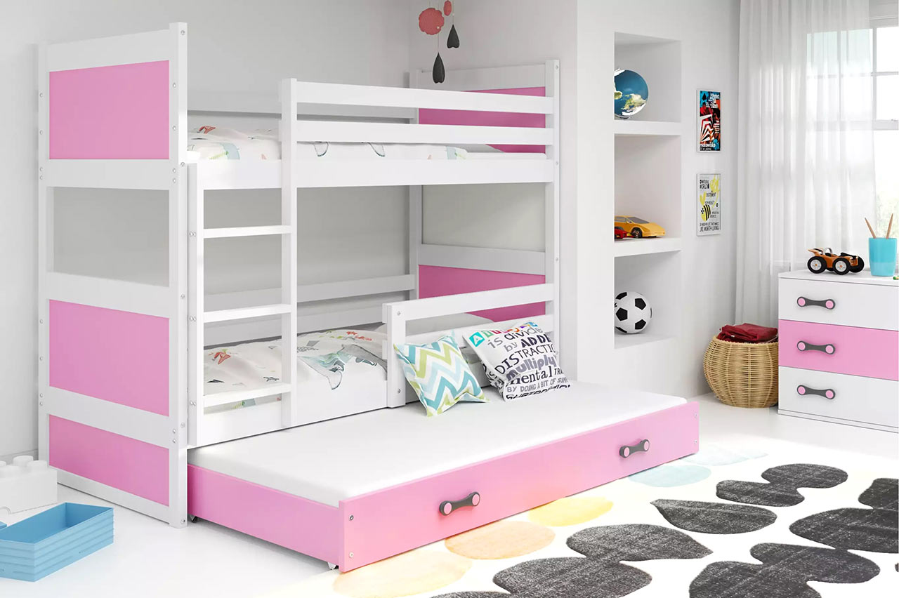 Růžová patrová postel s přistýlkou pro holky