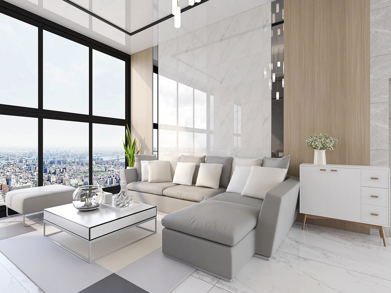 Lavice v moderním luxusním obýváku s vysokými stropy