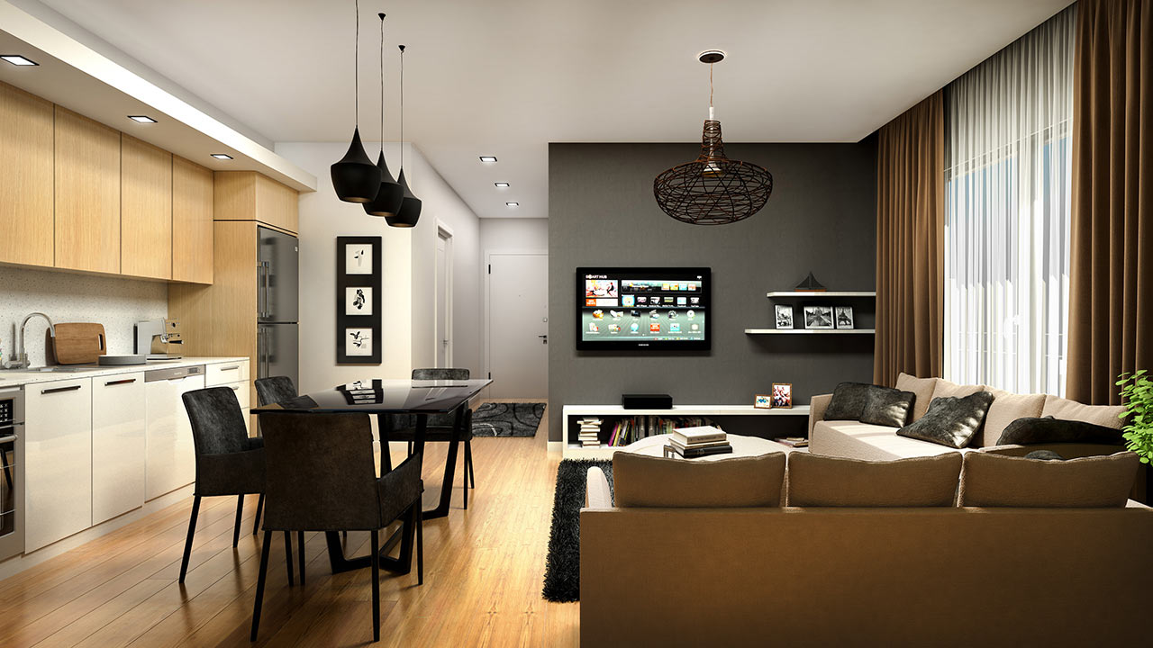 Moderní obývací pokoj s televizí zavěšenou na tmavě vymalované stěně
