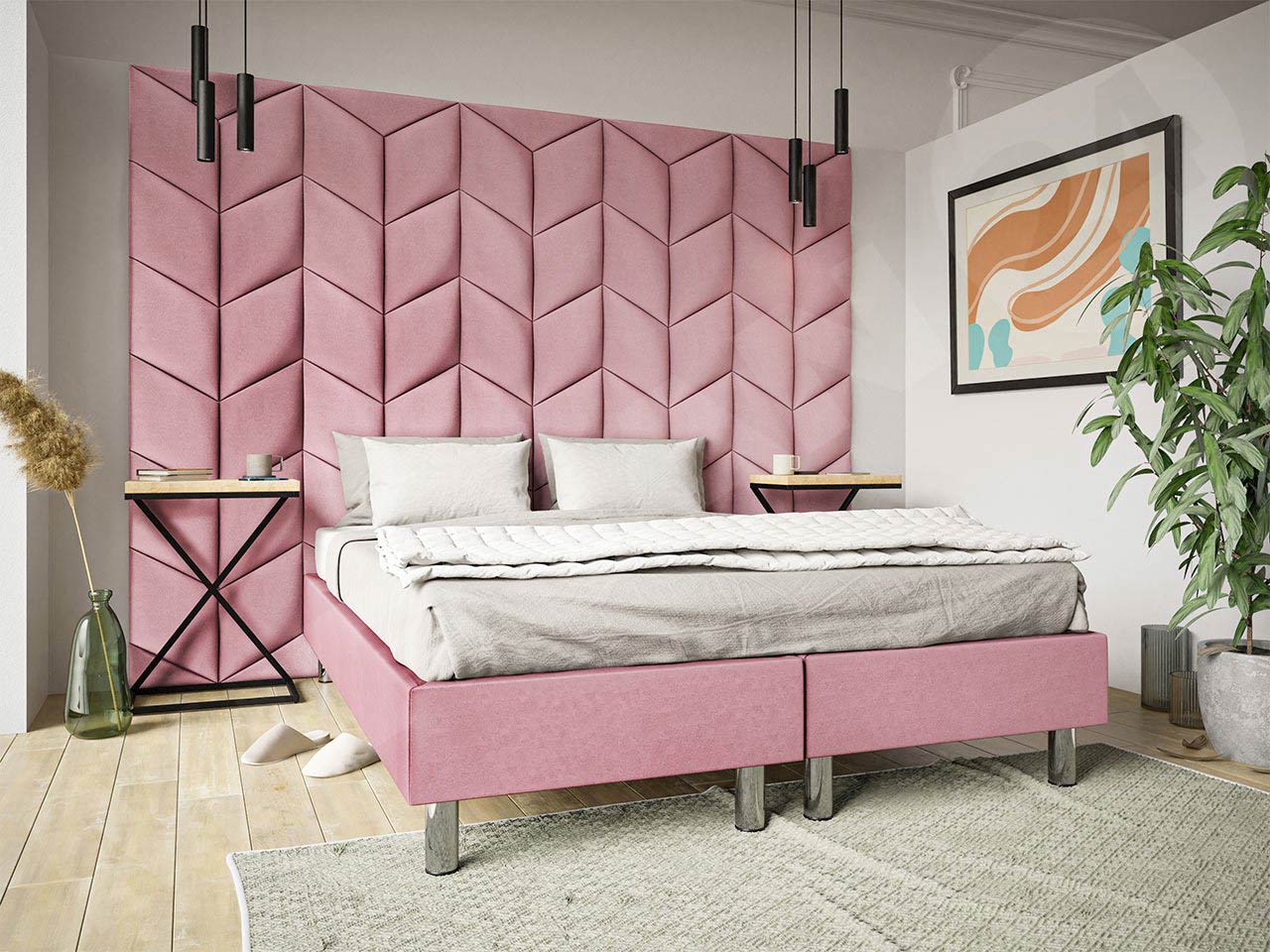 Růžové čalouněné panely suplují čelo postele